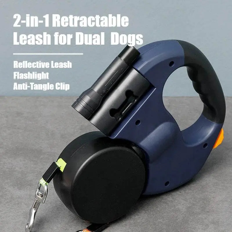 HOD Health & Home Retractable Dual Dog Leash With Led Light And Independent Braking Leads & Head Collars Blue