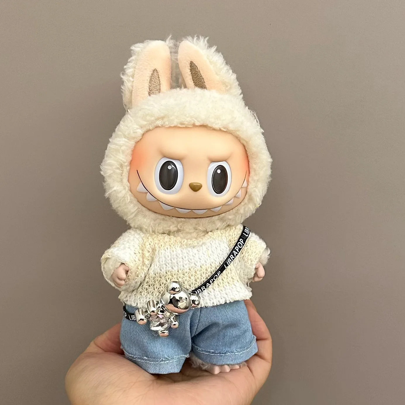 Winter Labubu Doll Outfit – White Sweater & Pants with Bearbrik Mini Bag