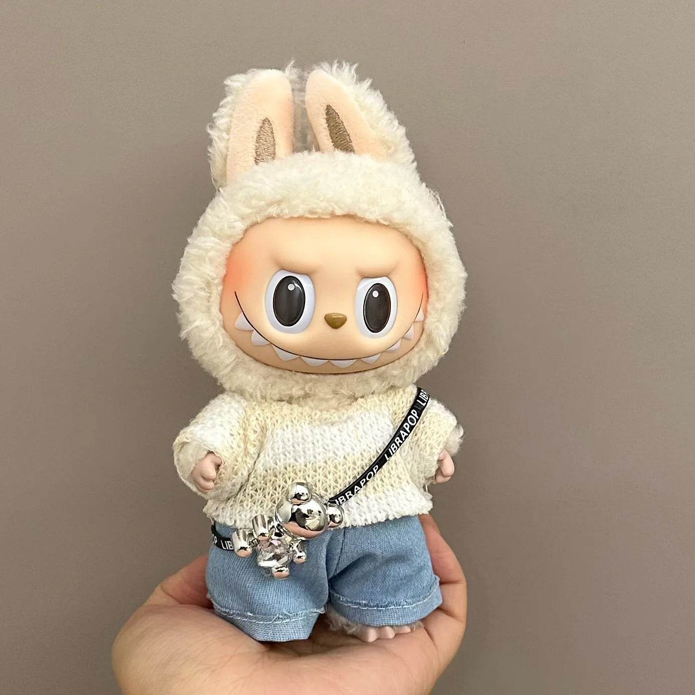 Winter Labubu Doll Outfit – White Sweater & Pants with Bearbrik Mini Bag - Vox Megastore