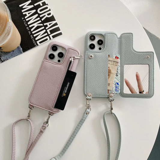 Zipper Wallet Mirror Lanyard iPhone Case